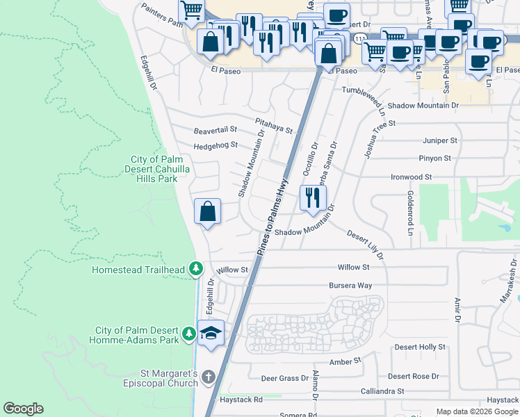 map of restaurants, bars, coffee shops, grocery stores, and more near 46181 Highway 74 in Palm Desert