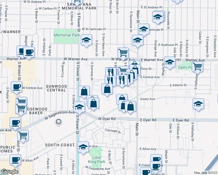 map of restaurants, bars, coffee shops, grocery stores, and more near in Santa Ana