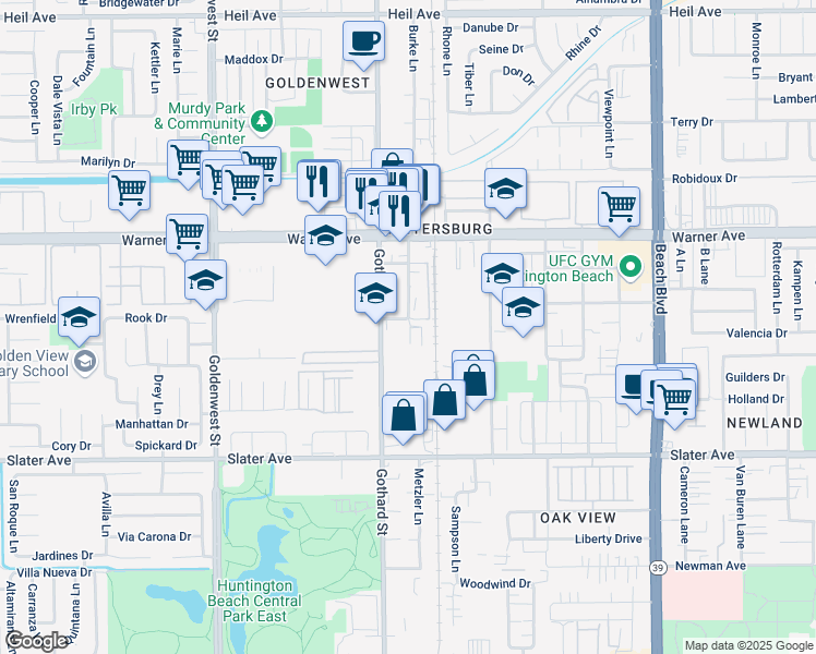 map of restaurants, bars, coffee shops, grocery stores, and more near 7422 Cedar Drive in Huntington Beach
