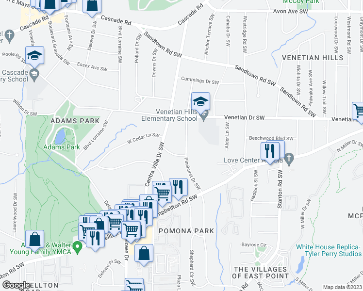 map of restaurants, bars, coffee shops, grocery stores, and more near 1577 Pinehurst Drive Southwest in Atlanta