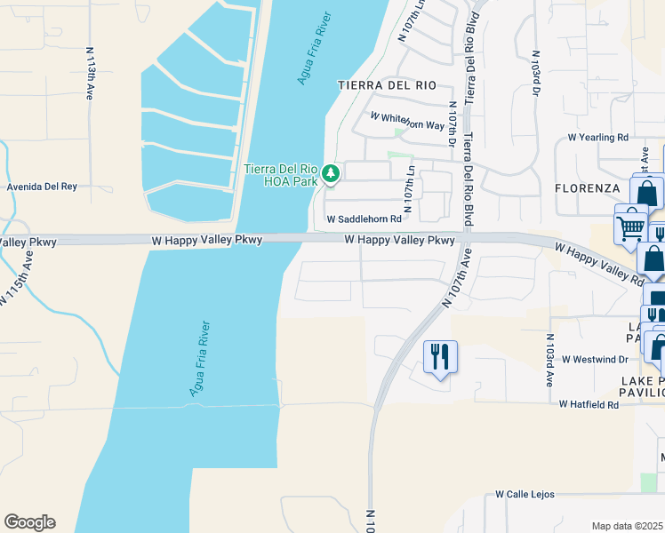 map of restaurants, bars, coffee shops, grocery stores, and more near 10827 West Bronco Trail in Peoria
