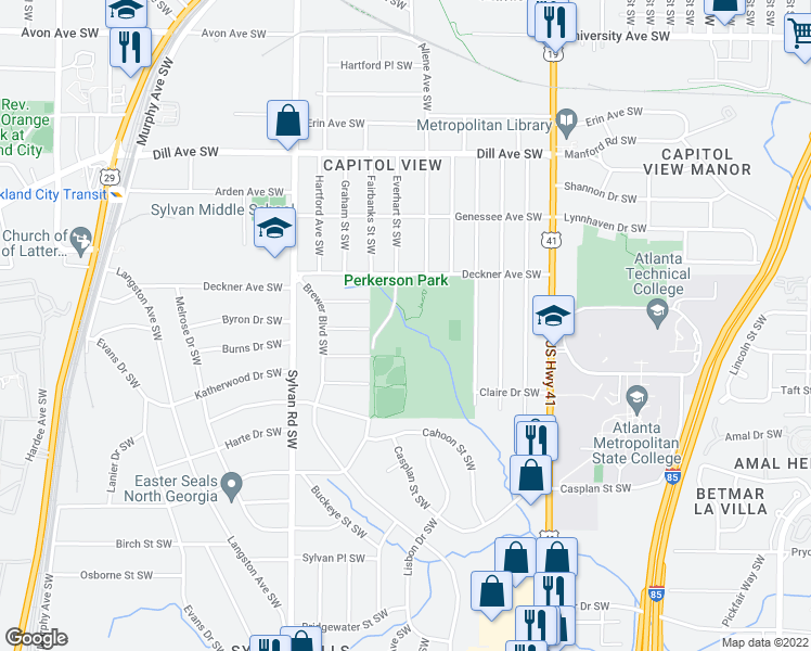 map of restaurants, bars, coffee shops, grocery stores, and more near 770 Deckner Avenue Southwest in Atlanta