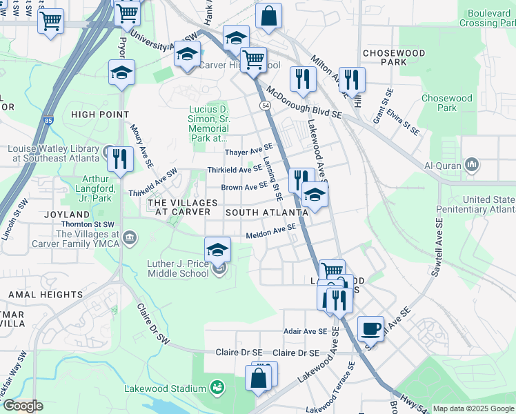 map of restaurants, bars, coffee shops, grocery stores, and more near 48 Moury Avenue Southeast in Atlanta