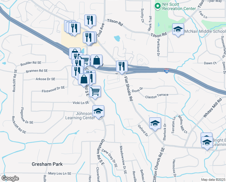 map of restaurants, bars, coffee shops, grocery stores, and more near 2041 West Flat Shoals Terrace in Decatur
