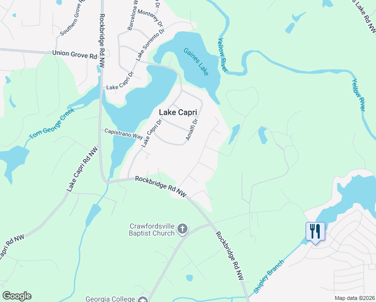 map of restaurants, bars, coffee shops, grocery stores, and more near 2521 Amalfi Drive in Conyers