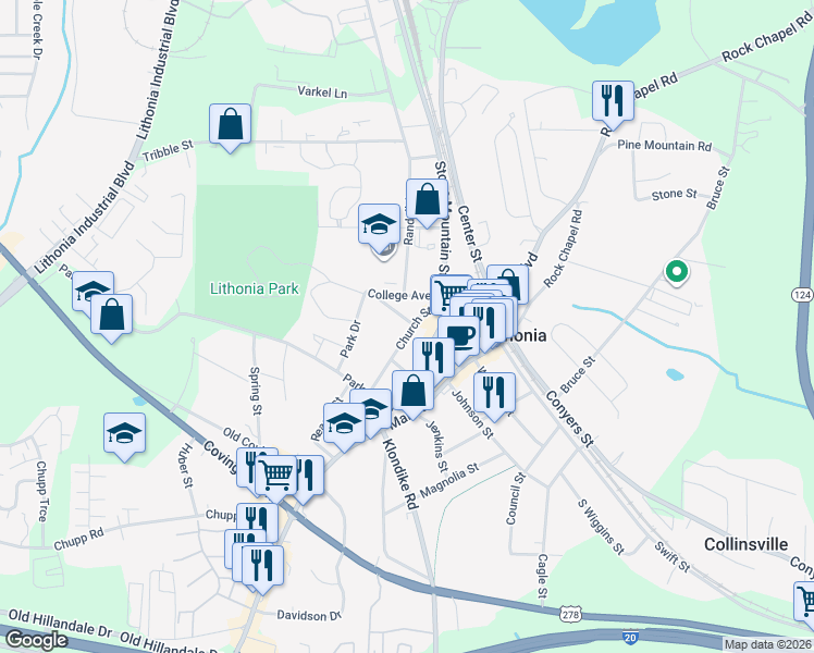 map of restaurants, bars, coffee shops, grocery stores, and more near 6824 Church Street in Lithonia