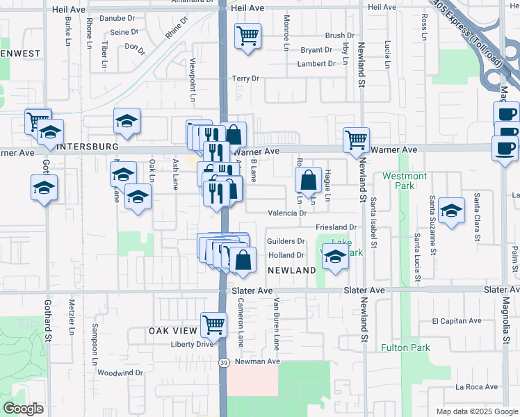 map of restaurants, bars, coffee shops, grocery stores, and more near 8121 Valencia Drive in Huntington Beach