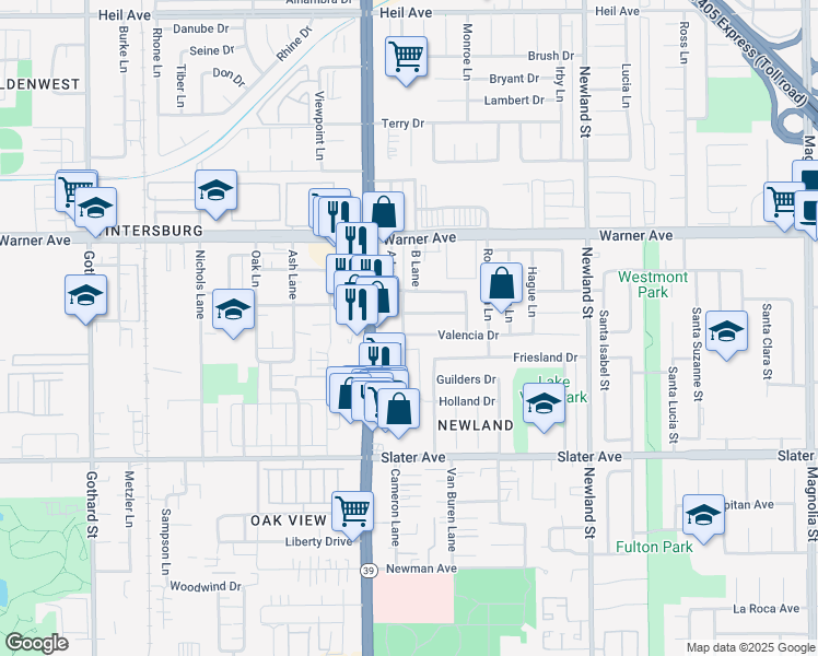 map of restaurants, bars, coffee shops, grocery stores, and more near 8121 Valencia Drive in Huntington Beach