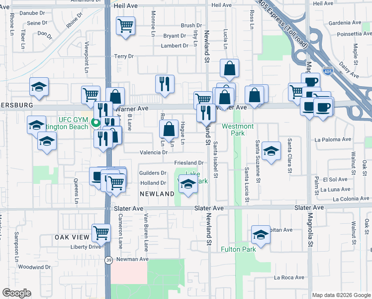 map of restaurants, bars, coffee shops, grocery stores, and more near 17202 Hague Lane in Huntington Beach