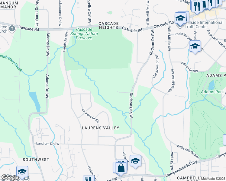 map of restaurants, bars, coffee shops, grocery stores, and more near 2700 Head Road Southwest in Atlanta