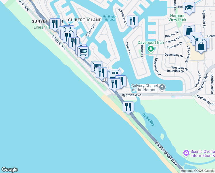 map of restaurants, bars, coffee shops, grocery stores, and more near 17167 Pacific Coast Hwy in Huntington Beach