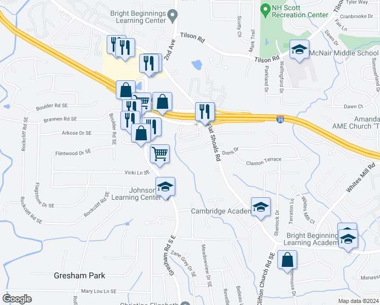 map of restaurants, bars, coffee shops, grocery stores, and more near 2041 West Flat Shoals Terrace in Decatur