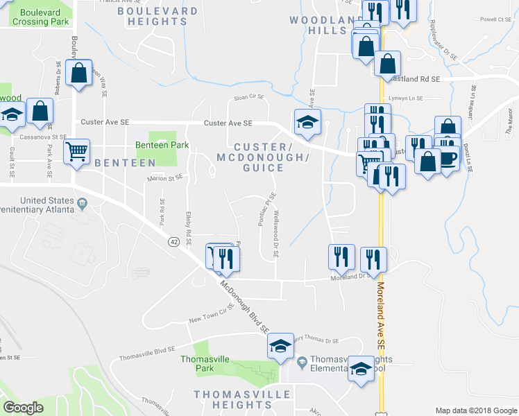 map of restaurants, bars, coffee shops, grocery stores, and more near 1541 Pontiac Place Southeast in Atlanta