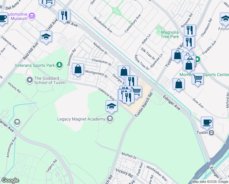map of restaurants, bars, coffee shops, grocery stores, and more near 15236 Cambridge Street in Tustin