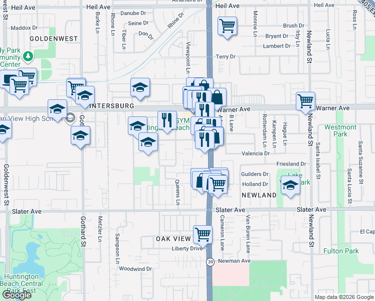 map of restaurants, bars, coffee shops, grocery stores, and more near 17181 Elm Lane in Huntington Beach