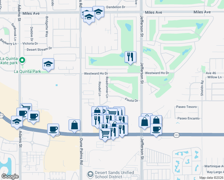 map of restaurants, bars, coffee shops, grocery stores, and more near 46270 Roadrunner Lane in La Quinta
