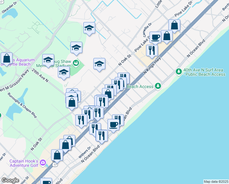 map of restaurants, bars, coffee shops, grocery stores, and more near 504 33rd Avenue North in Myrtle Beach