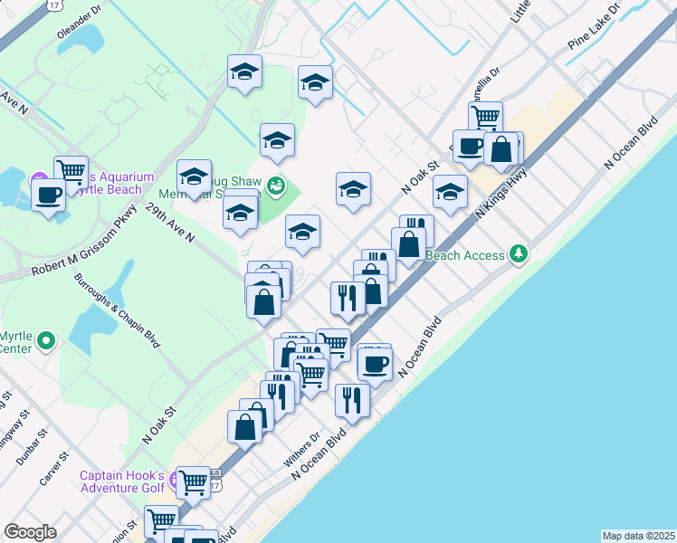 map of restaurants, bars, coffee shops, grocery stores, and more near 520 31st Avenue North in Myrtle Beach