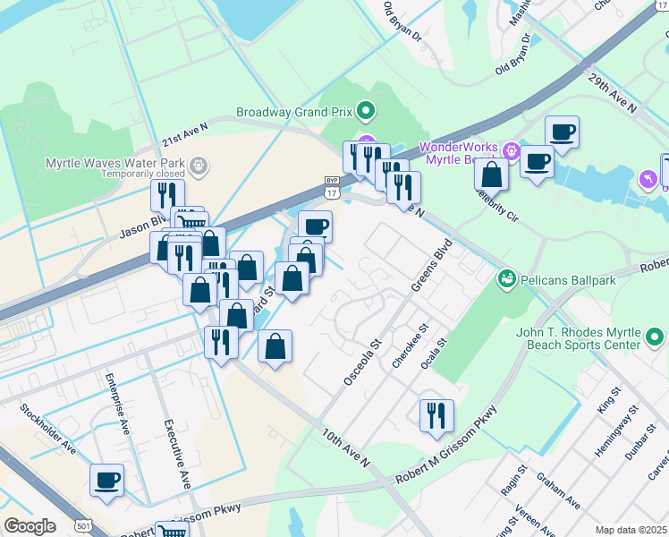 map of restaurants, bars, coffee shops, grocery stores, and more near 517 38th ave in Myrtle Beach