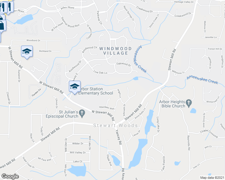 map of restaurants, bars, coffee shops, grocery stores, and more near 5350 Argyll Lane in Douglasville