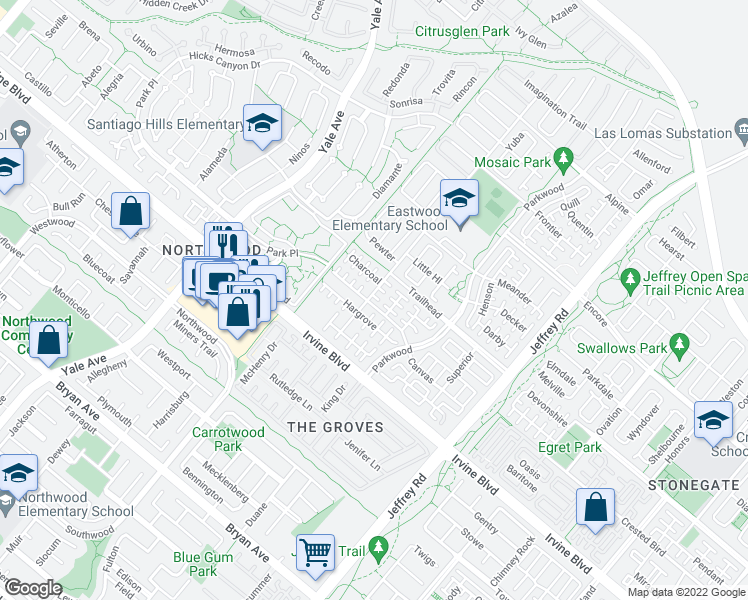 map of restaurants, bars, coffee shops, grocery stores, and more near 122 Rotunda in Irvine