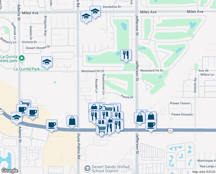 map of restaurants, bars, coffee shops, grocery stores, and more near 46270 Roadrunner Lane in La Quinta