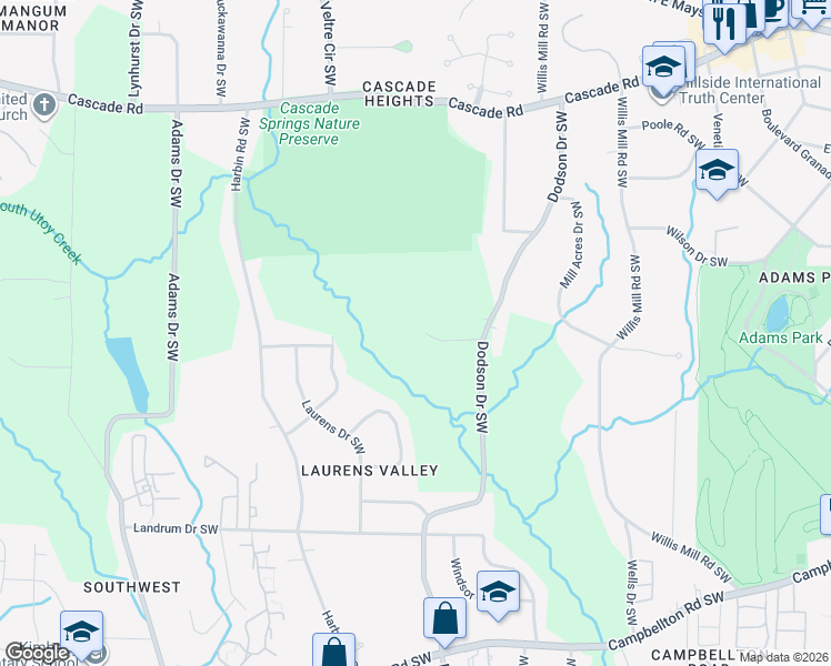 map of restaurants, bars, coffee shops, grocery stores, and more near 2700 Head Road Southwest in Atlanta
