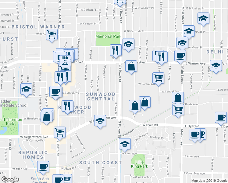 map of restaurants, bars, coffee shops, grocery stores, and more near 725 West Central Avenue in Santa Ana