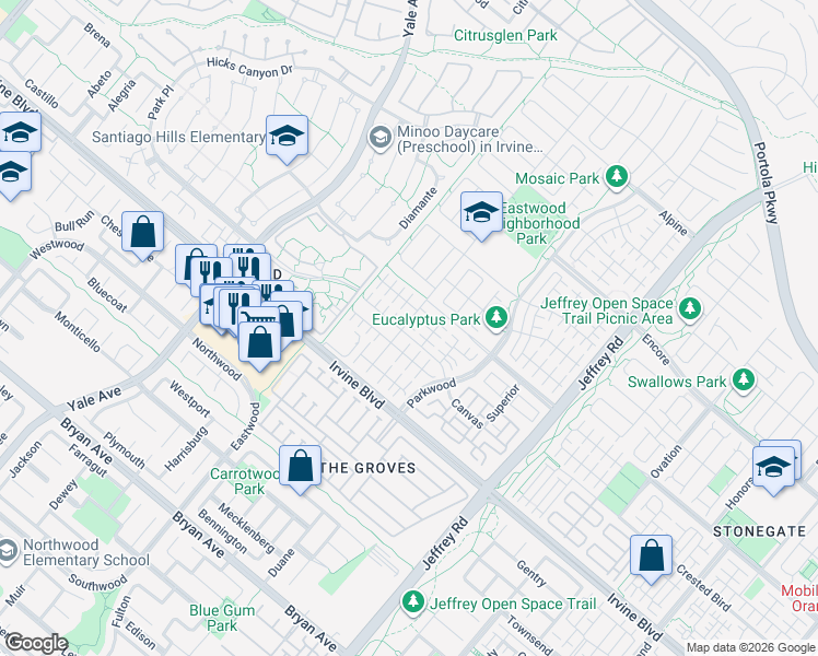 map of restaurants, bars, coffee shops, grocery stores, and more near 122 Rotunda in Irvine
