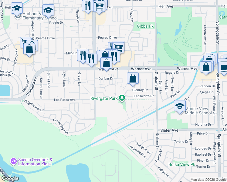 map of restaurants, bars, coffee shops, grocery stores, and more near 17191 Corbina Lane in Huntington Beach
