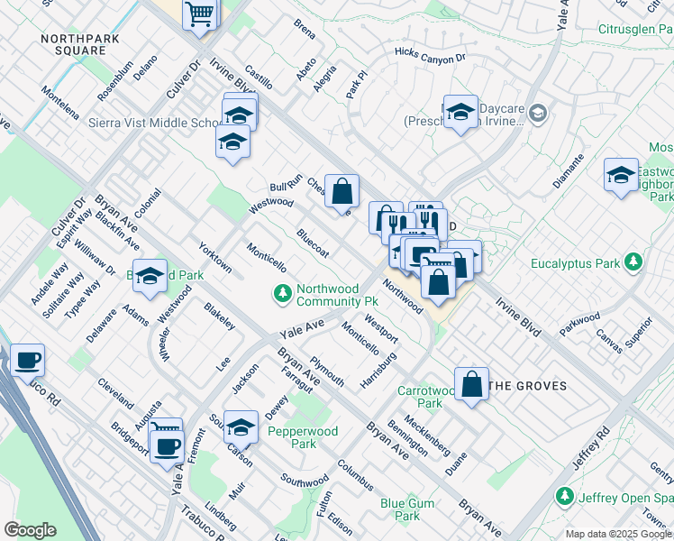 map of restaurants, bars, coffee shops, grocery stores, and more near 15 Bluecoat in Irvine