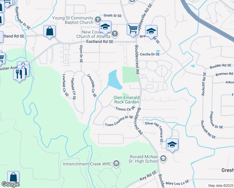 map of restaurants, bars, coffee shops, grocery stores, and more near 1418 Foxhall Lane Southeast in Atlanta