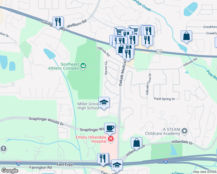 map of restaurants, bars, coffee shops, grocery stores, and more near 5890 Heritage Walk in Lithonia