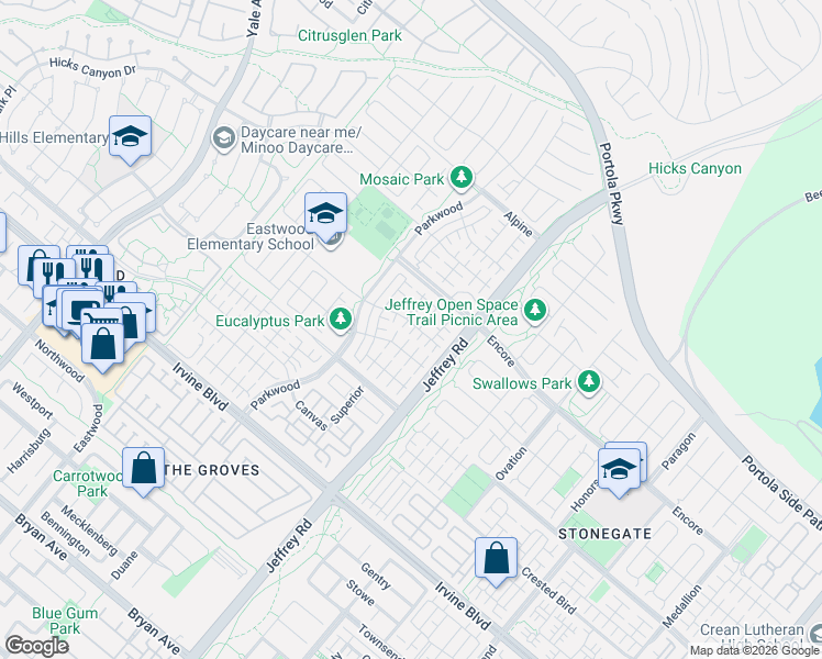 map of restaurants, bars, coffee shops, grocery stores, and more near 89 Decker in Irvine