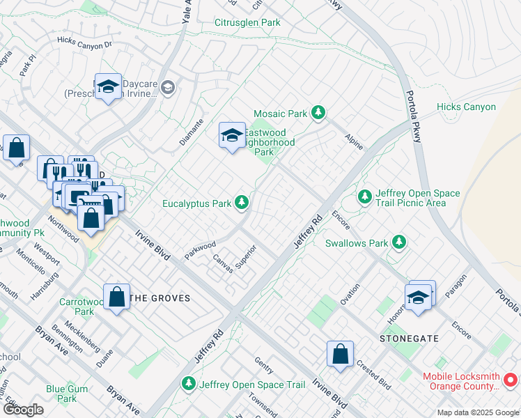 map of restaurants, bars, coffee shops, grocery stores, and more near 66 Parkwood in Irvine