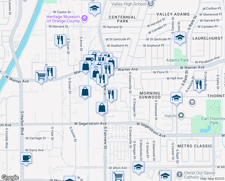 map of restaurants, bars, coffee shops, grocery stores, and more near 2609 South Fairview Street in Santa Ana