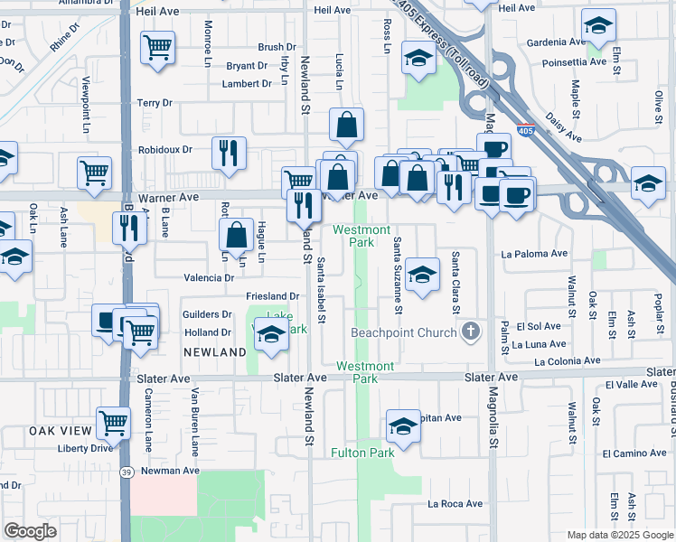 map of restaurants, bars, coffee shops, grocery stores, and more near 8542 La Casita Avenue in Fountain Valley