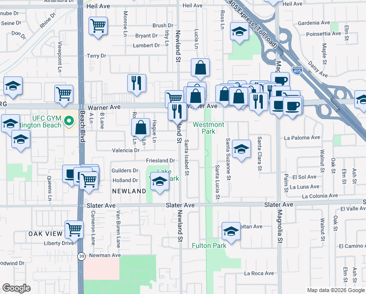 map of restaurants, bars, coffee shops, grocery stores, and more near 8542 La Casita Avenue in Fountain Valley