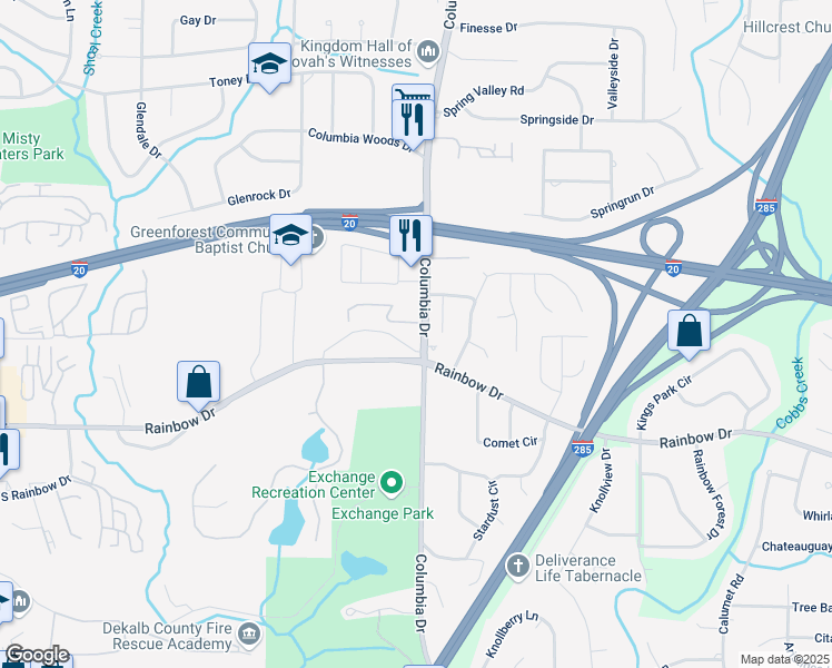 map of restaurants, bars, coffee shops, grocery stores, and more near 3181 Abbeywood Drive in Decatur