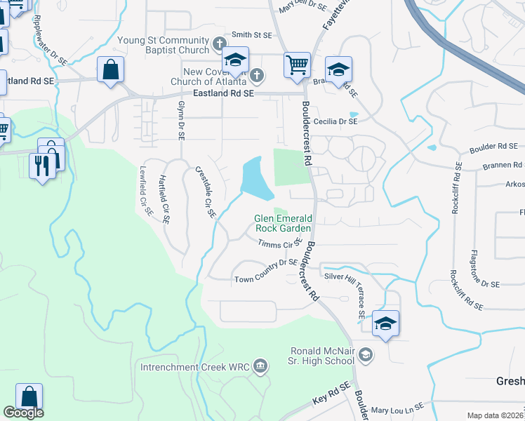 map of restaurants, bars, coffee shops, grocery stores, and more near 1418 Foxhall Lane Southeast in Atlanta