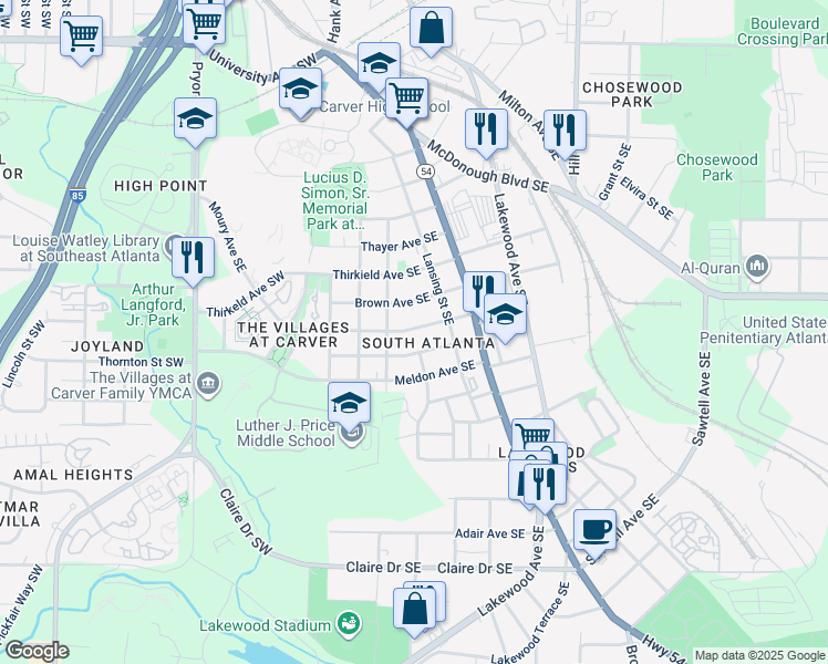 map of restaurants, bars, coffee shops, grocery stores, and more near 48 Moury Avenue Southeast in Atlanta