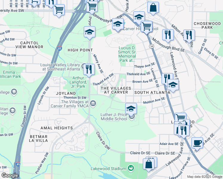 map of restaurants, bars, coffee shops, grocery stores, and more near 174 Moury Avenue Southeast in Atlanta