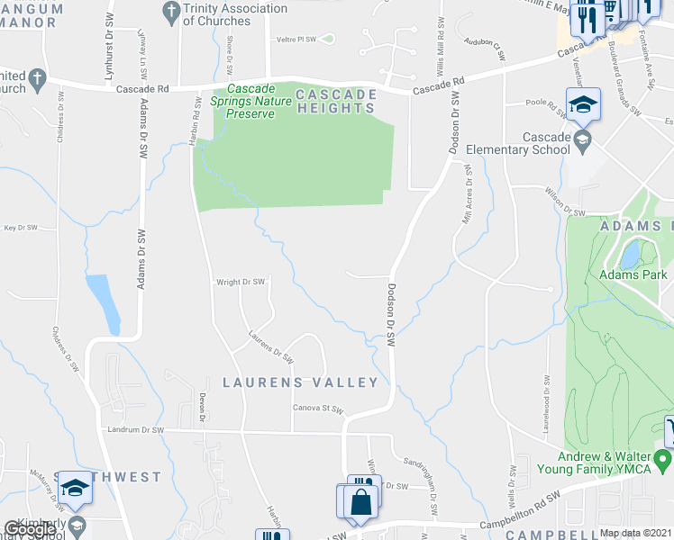 map of restaurants, bars, coffee shops, grocery stores, and more near 2700 Head Road Southwest in Atlanta