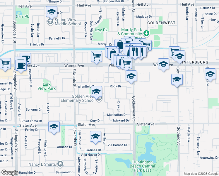 map of restaurants, bars, coffee shops, grocery stores, and more near 6772 Rook Drive in Huntington Beach