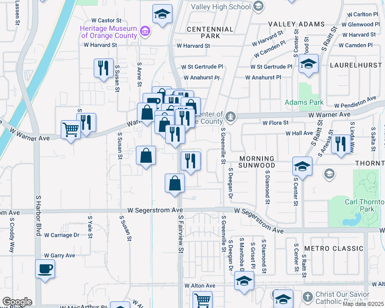 map of restaurants, bars, coffee shops, grocery stores, and more near 2609 South Fairview Street in Santa Ana