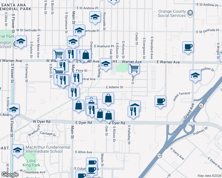 map of restaurants, bars, coffee shops, grocery stores, and more near 426 East Adams Street in Santa Ana