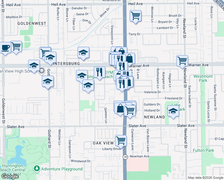 map of restaurants, bars, coffee shops, grocery stores, and more near 17216 Ash Lane in Huntington Beach
