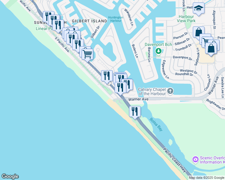 map of restaurants, bars, coffee shops, grocery stores, and more near 17165 Pacific Coast Highway in Huntington Beach