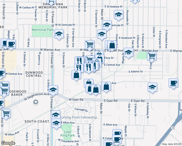 map of restaurants, bars, coffee shops, grocery stores, and more near 200 West Central Avenue in Santa Ana