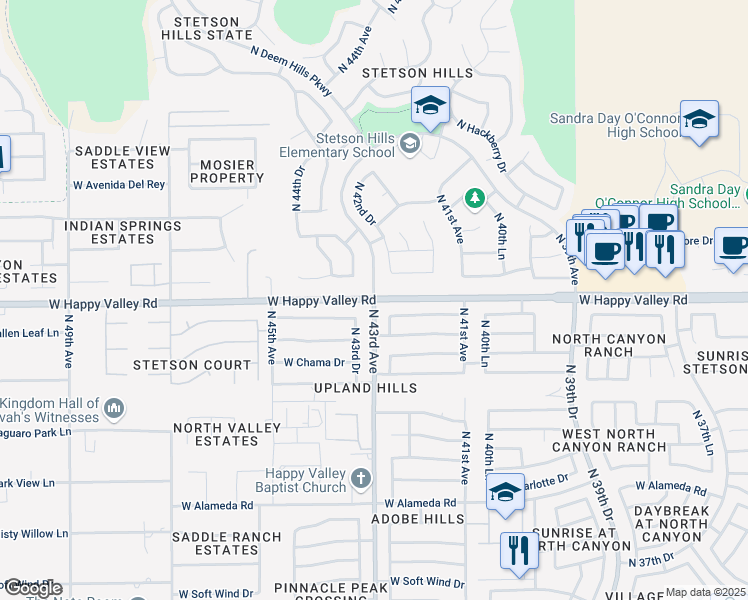 map of restaurants, bars, coffee shops, grocery stores, and more near N 43rd Ave & W Happy Valley Rd in Phoenix